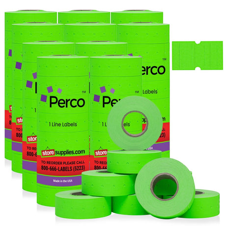 Perco 1 Line - Blank Price and Date labeler Labels for Perco Lite, X, Plus and Pro 1 Line Price and Date Labeler (Copy) - Fluorescent Green 10 Sleeves / 80 Rolls / 80000 Blank Pricing Labels