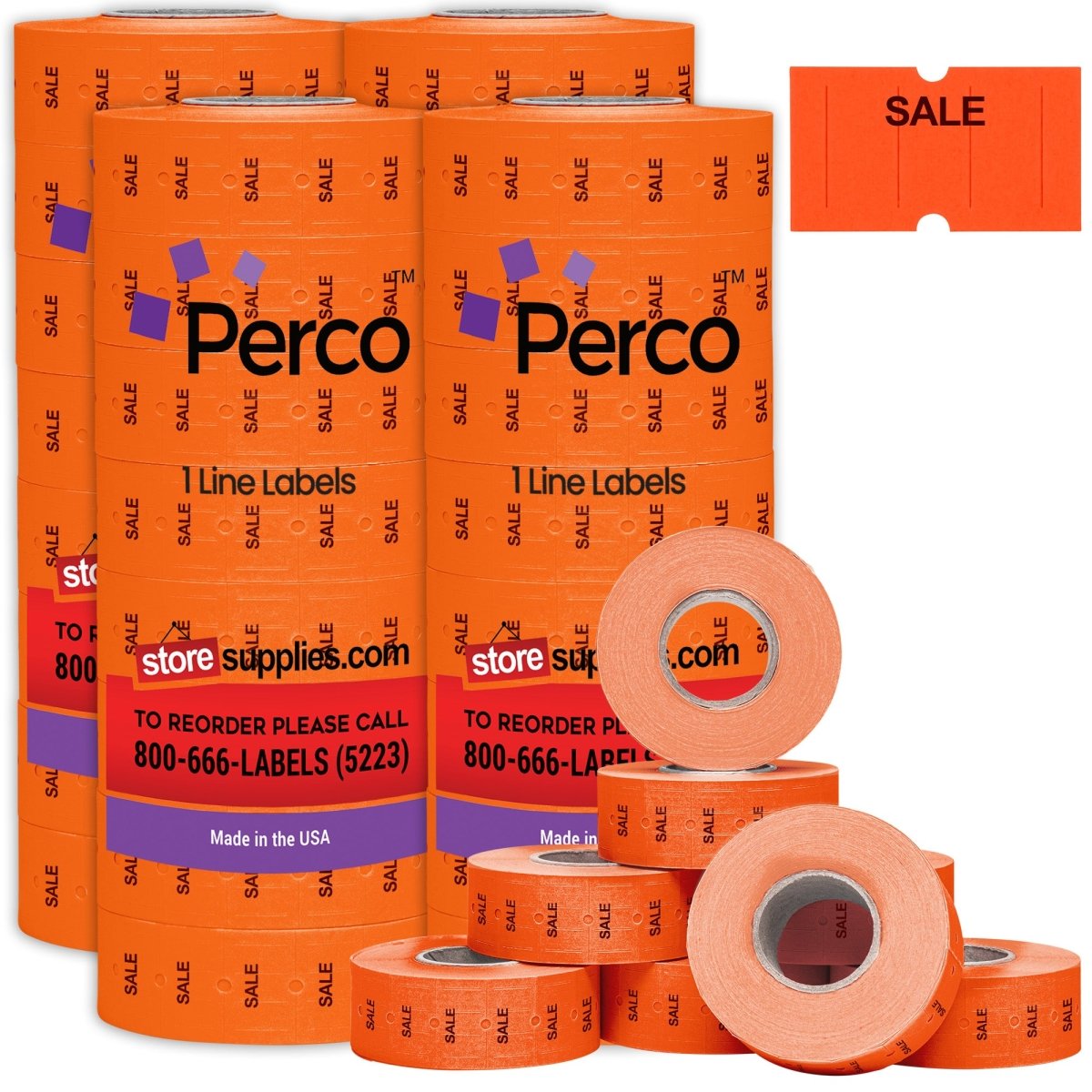 Perco 1 Line - Blank Price and Date labeler Labels for Perco Lite, X, Plus and Pro 1 Line Price and Date Labeler (Copy) - Fluorescent Red Sale 4 Sleeves / 32 Rolls / 32000 Blank Pricing Labels