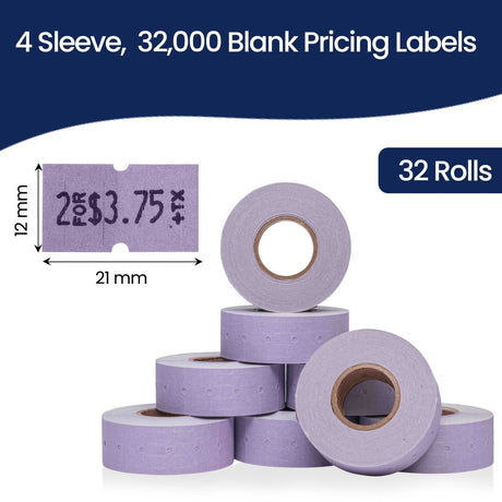 Perco 1 Line - Blank Price and Date labeler Labels for Perco Lite, X, Plus and Pro 1 Line Price and Date Labeler (Copy) - Lavender 4 Sleeves / 32 Rolls / 32000 Blank Pricing Labels