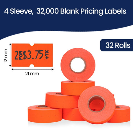 Perco 1 Line - Blank Price and Date labeler Labels for Perco Lite, X, Plus and Pro 1 Line Price and Date Labeler (Copy) - Fluorescent Red 4 Sleeves / 32 Rolls / 32000 Blank Pricing Labels