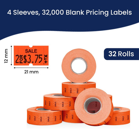 Perco 1 Line - Blank Price and Date labeler Labels for Perco Lite, X, Plus and Pro 1 Line Price and Date Labeler (Copy) - Fluorescent Red Sale 4 Sleeves / 32 Rolls / 32000 Blank Pricing Labels