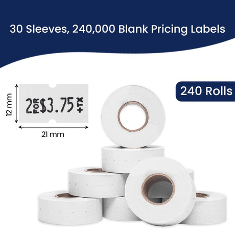 Perco 1 Line - Blank Price and Date labeler Labels for Perco Lite, X, Plus and Pro 1 Line Price and Date Labeler (Copy) - White 30 Sleeves / 240 Rolls / 240000 Blank Pricing Labels