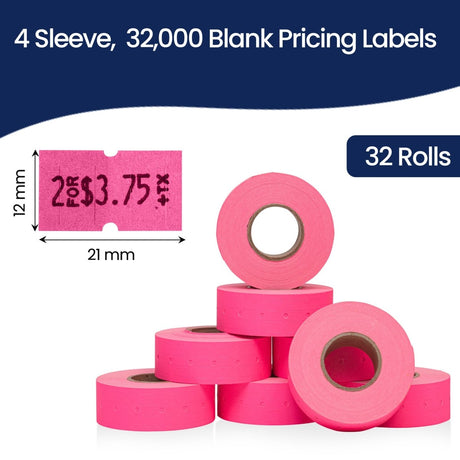 Perco 1 Line - Blank Price and Date labeler Labels for Perco Lite, X, Plus and Pro 1 Line Price and Date Labeler (Copy) - Fluorescent Pink 4 Sleeves / 32 Rolls / 32000 Blank Pricing Labels