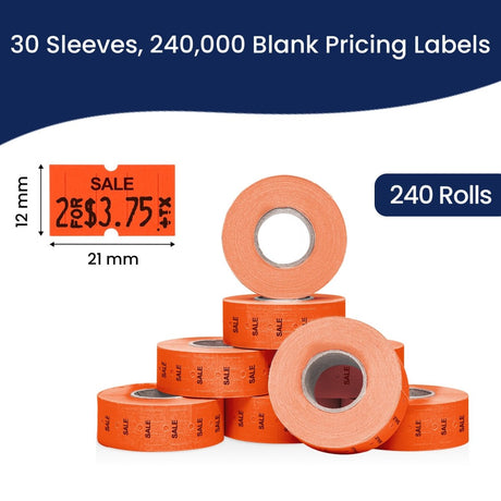 Perco 1 Line - Blank Price and Date labeler Labels for Perco Lite, X, Plus and Pro 1 Line Price and Date Labeler (Copy) - Fluorescent Red Sale 30 Sleeves / 240 Rolls / 240000 Blank Pricing Labels