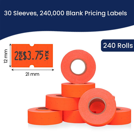 Perco 1 Line - Blank Price and Date labeler Labels for Perco Lite, X, Plus and Pro 1 Line Price and Date Labeler (Copy) - Fluorescent Red 30 Sleeves / 240 Rolls / 240000 Blank Pricing Labels