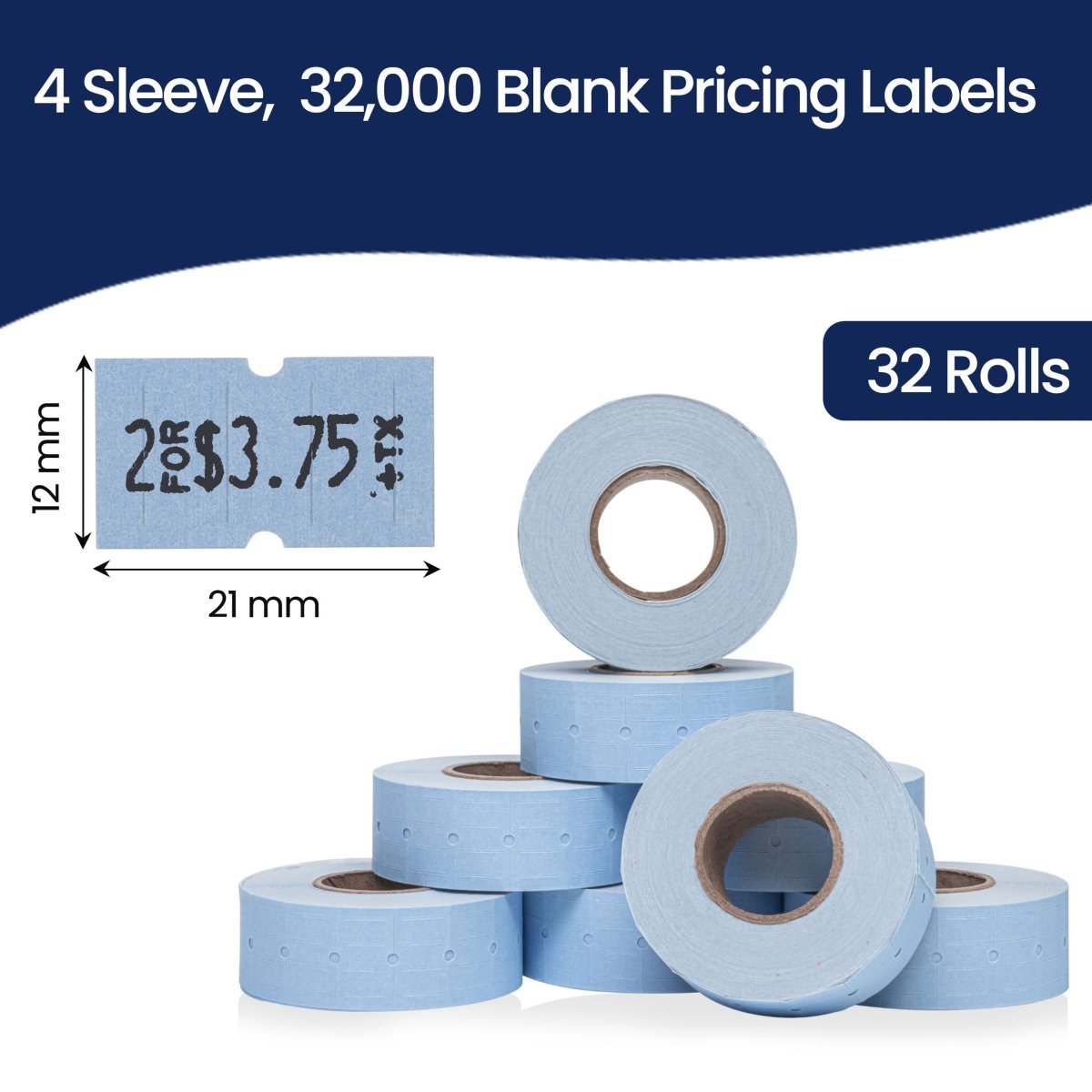 Perco 1 Line - Blank Price and Date labeler Labels for Perco Lite, X, Plus and Pro 1 Line Price and Date Labeler (Copy) - Blue 4 Sleeves / 32 Rolls / 32000 Blank Pricing Labels