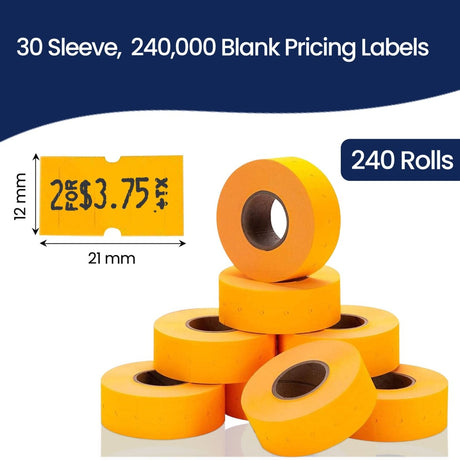 Perco 1 Line - Blank Price and Date labeler Labels for Perco Lite, X, Plus and Pro 1 Line Price and Date Labeler (Copy) - Fluorescent Orange 30 Sleeves / 240 Rolls / 240000 Blank Pricing Labels