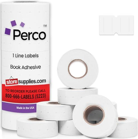 Perco 1 Line Book Adhesive Labels - 8 Rolls, 1 Sleeve, 8,000 Blank Labels for Perco 1 Line Guns - Designed for Safe Use on Books Without Damage or Ripping - Ideal for Libraries & Retail - Made in USA - Store Supplies