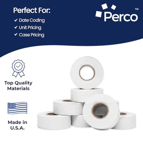 Perco 1 Line Book Adhesive Labels - 8 Rolls, 1 Sleeve, 8,000 Blank Labels for Perco 1 Line Guns - Designed for Safe Use on Books Without Damage or Ripping - Ideal for Libraries & Retail - Made in USA - Store Supplies