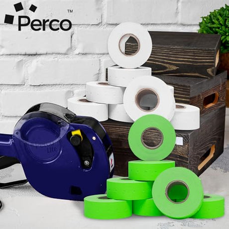 Perco 1 - Line Color Code Labels for Perco Lite, X, Plus & Pro 1 Line - White and Fluorescent Green / 2 Sleeves / 16 rolls / 16000 Blank Pricing Labels