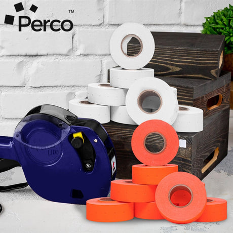 Perco 1 - Line Color Code Labels for Perco Lite, X, Plus & Pro 1 Line - White and Fluorescent Red / 2 Sleeves / 16 rolls / 16000 Blank Pricing Labels