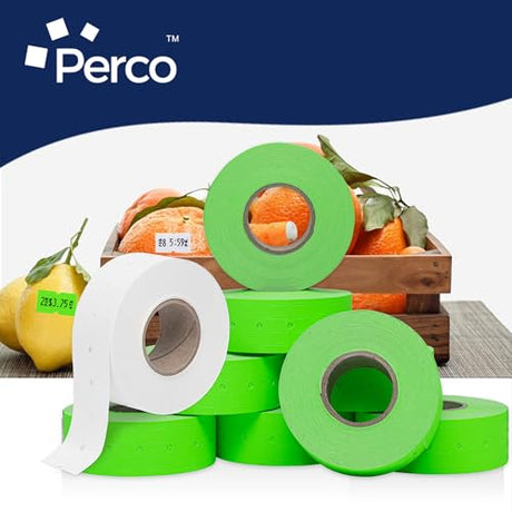 Perco 1 - Line Color Code Labels for Perco Lite, X, Plus & Pro 1 Line - White and Fluorescent Green / 2 Sleeves / 16 rolls / 16000 Blank Pricing Labels