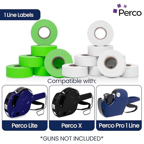 Perco 1 - Line Color Code Labels for Perco Lite, X, Plus & Pro 1 Line - White and Fluorescent Green / 2 Sleeves / 16 rolls / 16000 Blank Pricing Labels