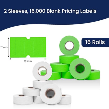 Perco 1 - Line Color Code Labels for Perco Lite, X, Plus & Pro 1 Line - White and Fluorescent Green / 2 Sleeves / 16 rolls / 16000 Blank Pricing Labels