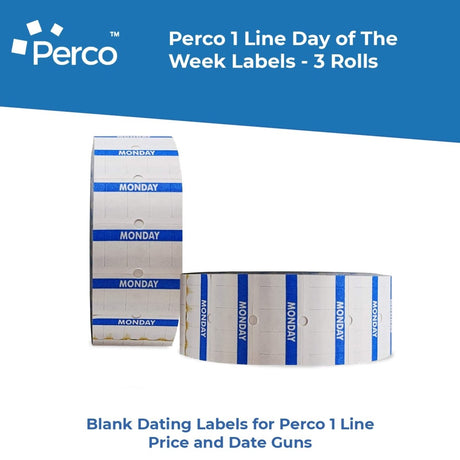 Perco 1 Line Day of The Week Labels - 3 Rolls, Blank Dating Labels for Perco 1 Line Price & Date Guns (Monday - 1 Line Labels) - Store Supplies
