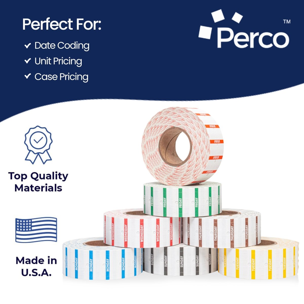 Perco 1 Line Day of The Week Labels - 7 Rolls, Blank Dating Labels for Perco 1 Line Price & Date Guns (Full Week - 1 Sleeve, 1 Line Labels) - Store Supplies
