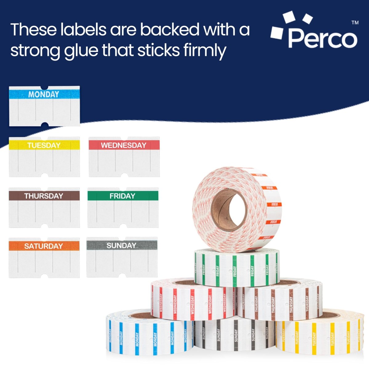 Perco 1 Line Day of The Week Labels - 7 Rolls, Blank Dating Labels for Perco 1 Line Price & Date Guns (Full Week - 1 Sleeve, 1 Line Labels) - Store Supplies