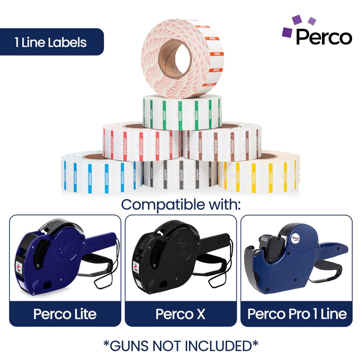 Perco 1 Line Day of The Week Labels - 7 Rolls, Blank Dating Labels for Perco 1 Line Price & Date Guns (Full Week - 1 Sleeve, 1 Line Labels) - Store Supplies