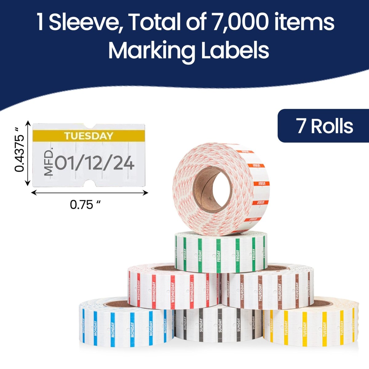 Perco 1 Line Day of The Week Labels - 7 Rolls, Blank Dating Labels for Perco 1 Line Price & Date Guns (Full Week - 1 Sleeve, 1 Line Labels) - Store Supplies