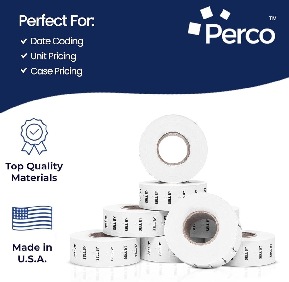 Perco 1 Line Labels - Date Labels - SELL BY Package of 4 Sleeves / 32 Rolls / 32000 Blank Date Labels