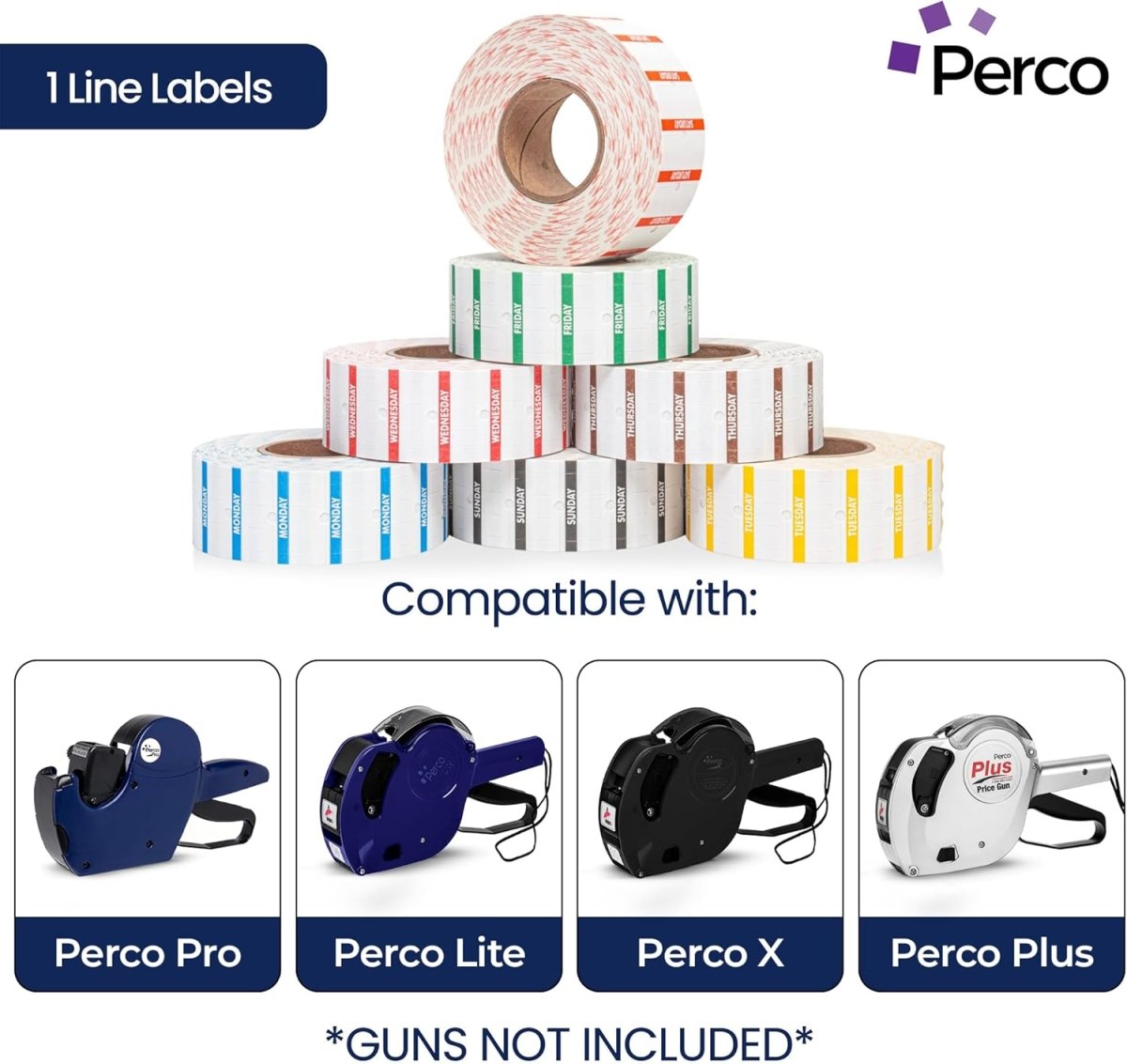 Perco 1 Line Labels - Date Labels - Compatible with compatible_with_product_page | Color: Day of the Week | Quantity: 1 Sleeve | Adhesive: global.AdhesiveType | SKU: PL-1LN-7-WEEK-U | - shop_