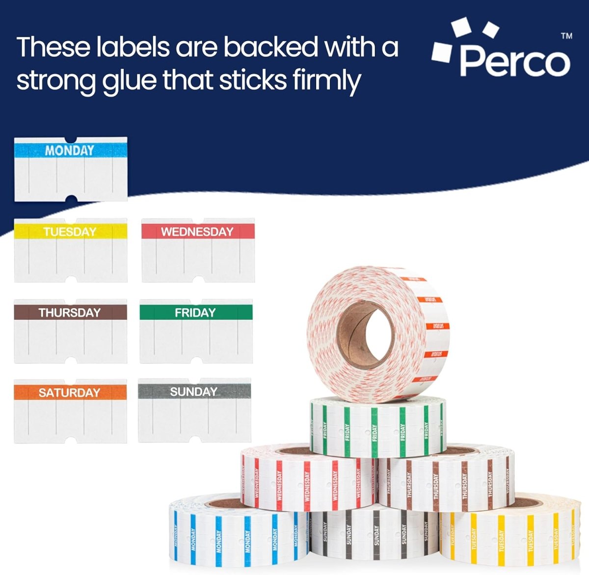 Perco 1 Line Labels - Date Labels - Compatible with compatible_with_product_page | Color: Day of the Week | Quantity: 1 Sleeve | Adhesive: global.AdhesiveType | SKU: PL-1LN-7-WEEK-U | - shop_