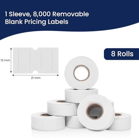 Perco 1 - Line Removable Adhesive - Blank Price and Date Gun Labels for Perco Lite, X, Plus and Pro 1 Line - 1 Sleeve / 8 Rolls / 8000 Blank Pricing Labels