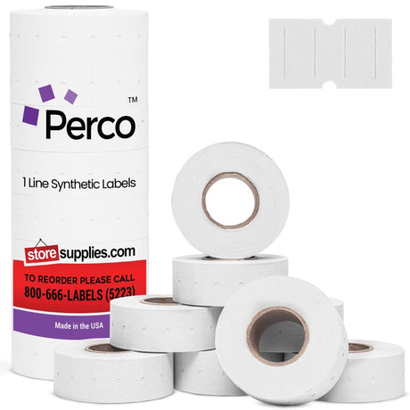 Perco 1 Line White Synthetic Labels - 1 Sleeve, 8,000 Blank Pricing Labels for Perco 1 Line Guns - Water - Resistant, Tamper - Proof, Strong Adhesive, Durable for Indoor & Outdoor Use - Made in USA - Store Supplies