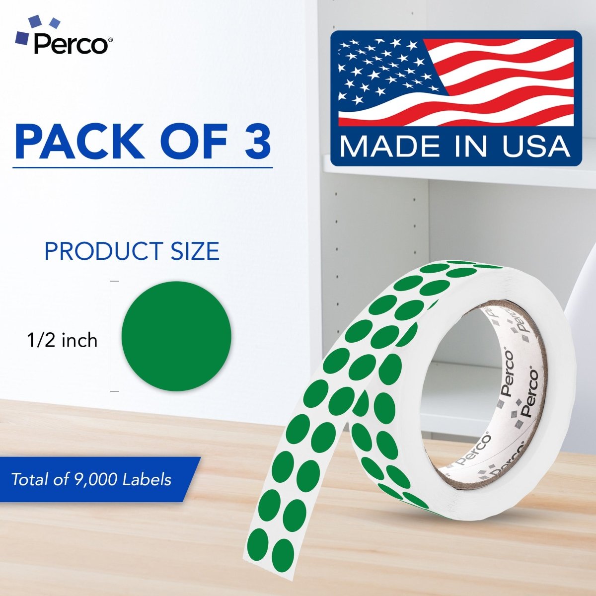 Perco 1/2 Inch Round Sticker Labels - Green 3 Rolls