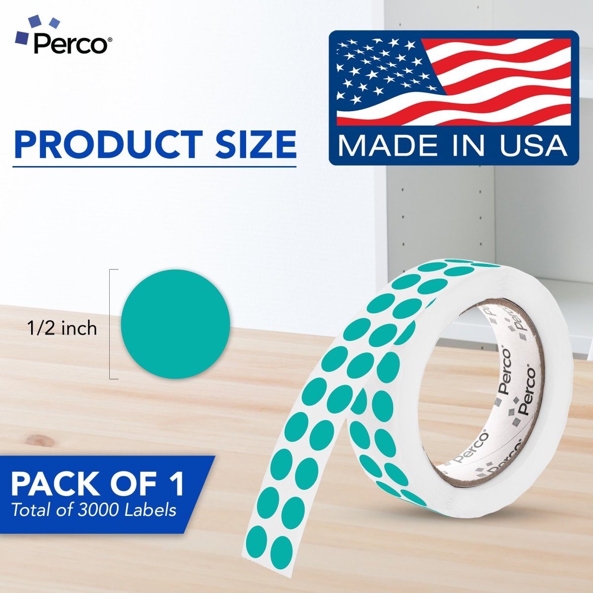 Perco 1/2 Inch Round Sticker Labels - Teal 1 Roll