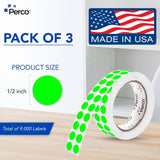 Perco 1/2 Inch Round Sticker Labels - Fluorescent Green 3 Rolls