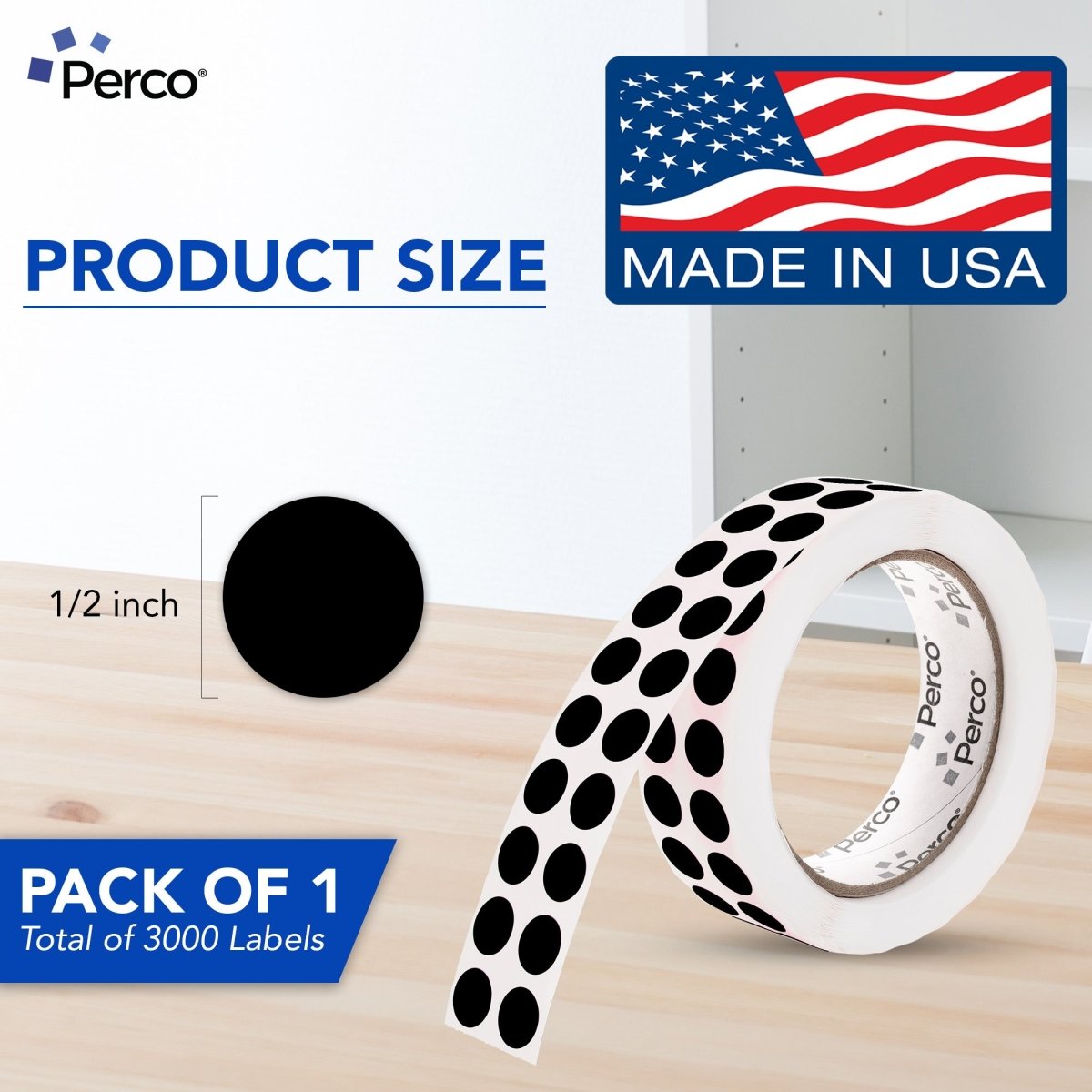 Perco 1/2 Inch Round Sticker Labels - Black 1 Roll
