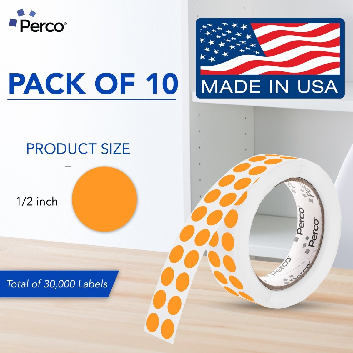 Perco 1/2 Inch Round Sticker Labels - Fluorescent Orange 10 Rolls
