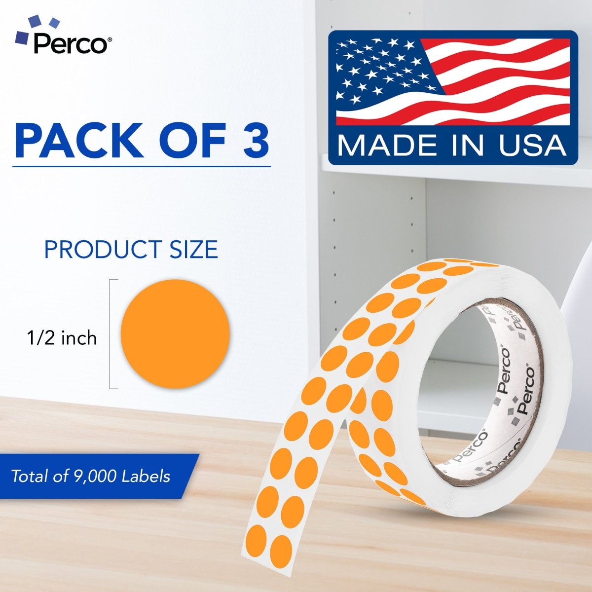 Perco 1/2 Inch Round Sticker Labels - Fluorescent Orange 3 Rolls