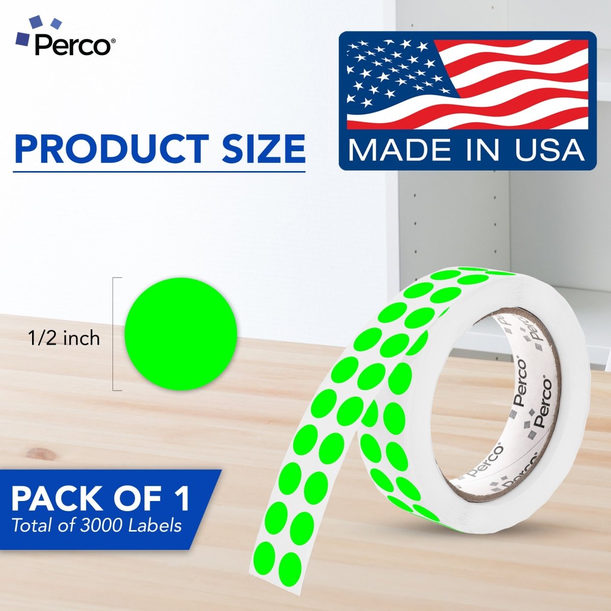 Perco 1/2 Inch Round Sticker Labels - Fluorescent Green 1 Roll