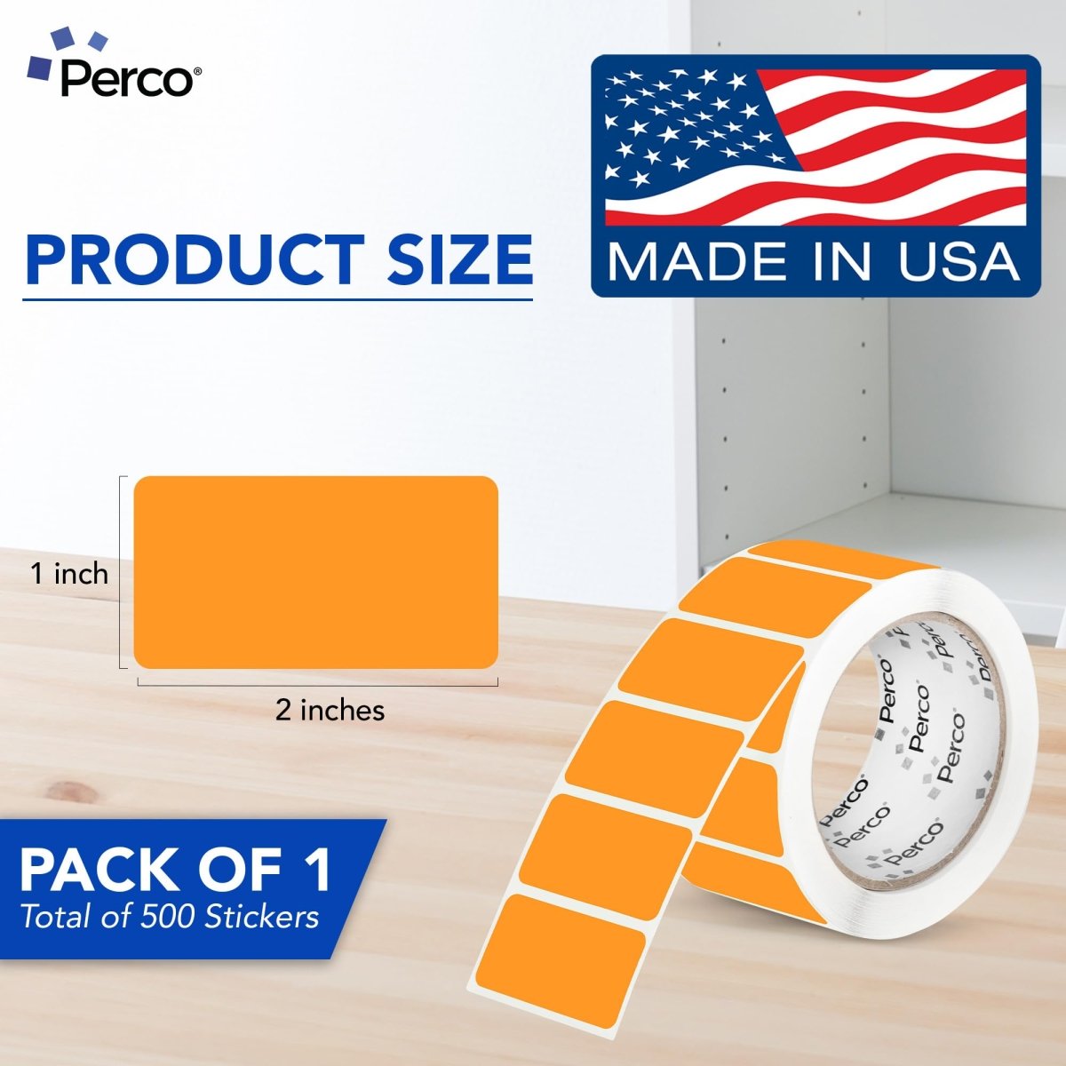 Perco 1x2 Inch Sticker Labels with Easy Peel Perforation—500 Stickers Per Roll — Strong Adhesion, Vibrant Colors for Folders, Barcodes, Jars & Bins in Office, Mailing, Inventory & Crafting—Made in USA - Fluorescent Orange