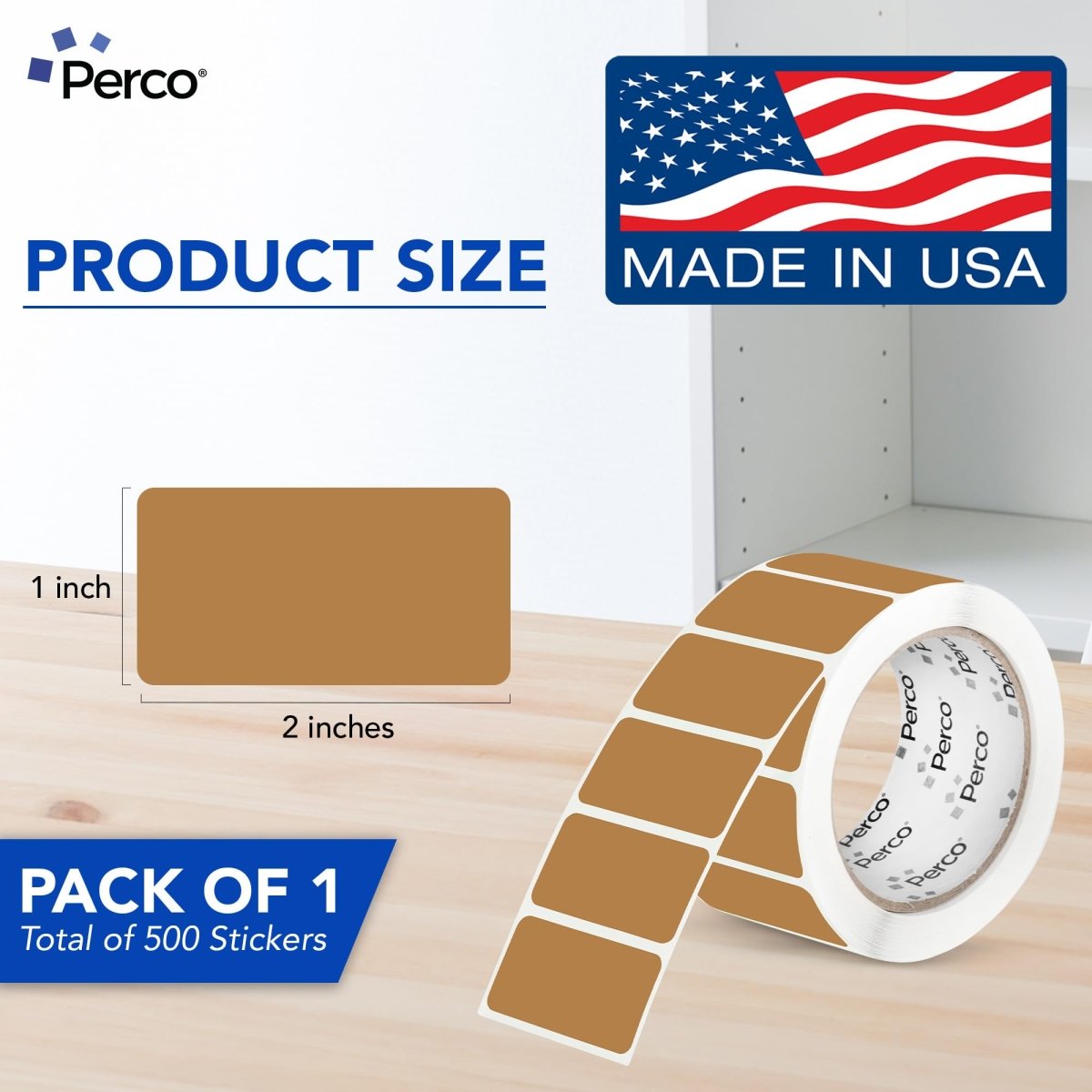 Perco 1x2 Inch Sticker Labels with Easy Peel Perforation—500 Stickers Per Roll — Strong Adhesion, Vibrant Colors for Folders, Barcodes, Jars & Bins in Office, Mailing, Inventory & Crafting—Made in USA - Kraft Brown