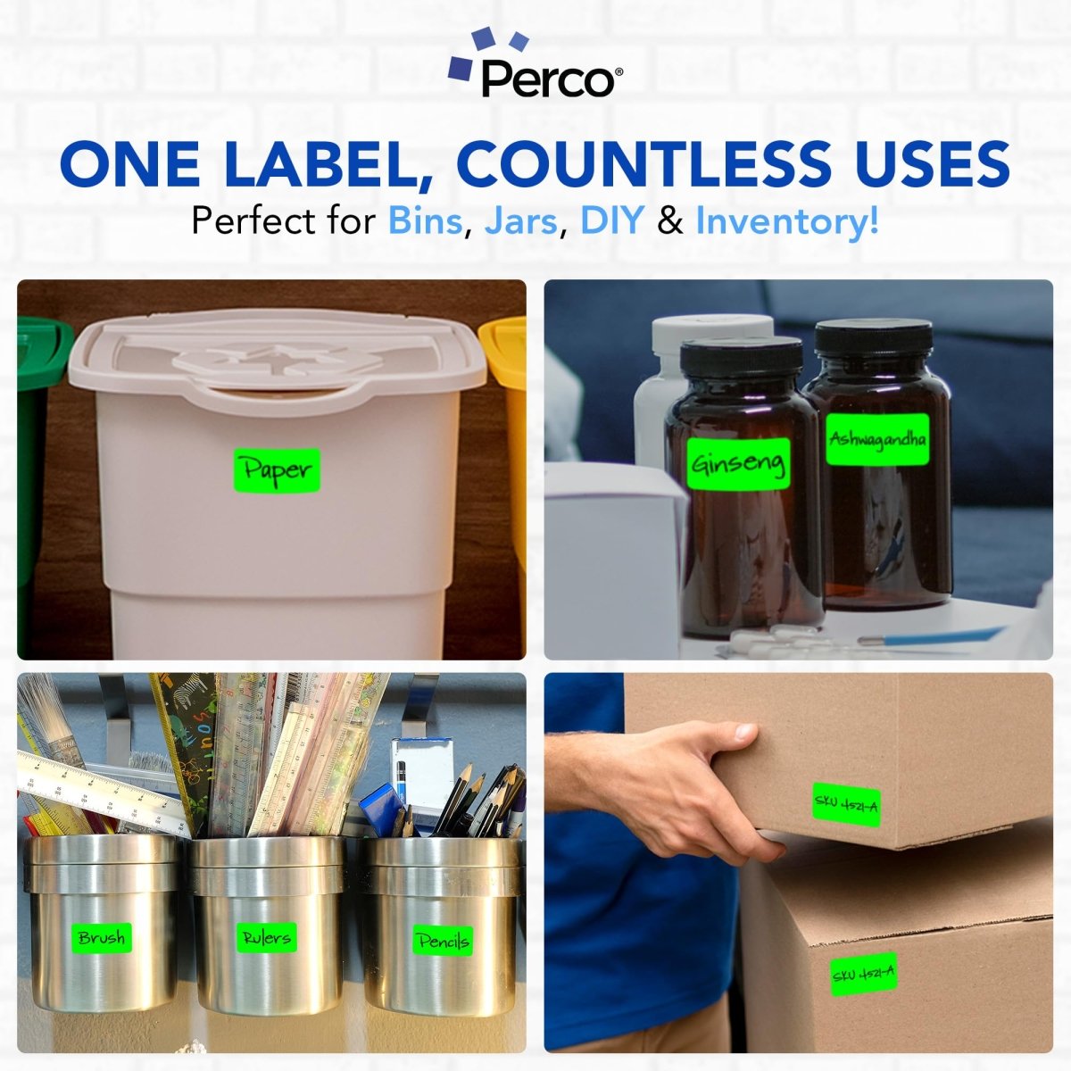 Perco 1x2 Inch Sticker Labels with Easy Peel Perforation—500 Stickers Per Roll — Strong Adhesion, Vibrant Colors for Folders, Barcodes, Jars & Bins in Office, Mailing, Inventory & Crafting—Made in USA - Fluorescent Green