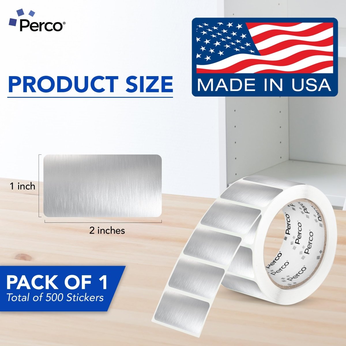 Perco 1x2 Inch Sticker Labels with Easy Peel Perforation—500 Stickers Per Roll — Strong Adhesion, Vibrant Colors for Folders, Barcodes, Jars & Bins in Office, Mailing, Inventory & Crafting—Made in USA - Metallic Silver