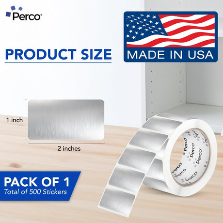 Perco 1x2 Inch Sticker Labels with Easy Peel Perforation—500 Stickers Per Roll — Strong Adhesion, Vibrant Colors for Folders, Barcodes, Jars & Bins in Office, Mailing, Inventory & Crafting—Made in USA - Metallic Silver