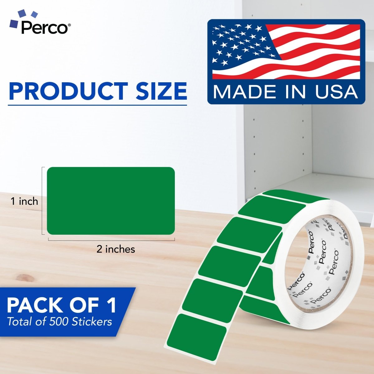 Perco 1x2 Inch Sticker Labels with Easy Peel Perforation—500 Stickers Per Roll — Strong Adhesion, Vibrant Colors for Folders, Barcodes, Jars & Bins in Office, Mailing, Inventory & Crafting—Made in USA - Green