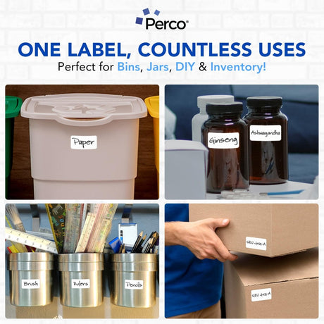 Perco 1x2 Inch Sticker Labels with Easy Peel Perforation—500 Stickers Per Roll — Strong Adhesion, Vibrant Colors for Folders, Barcodes, Jars & Bins in Office, Mailing, Inventory & Crafting—Made in USA - White