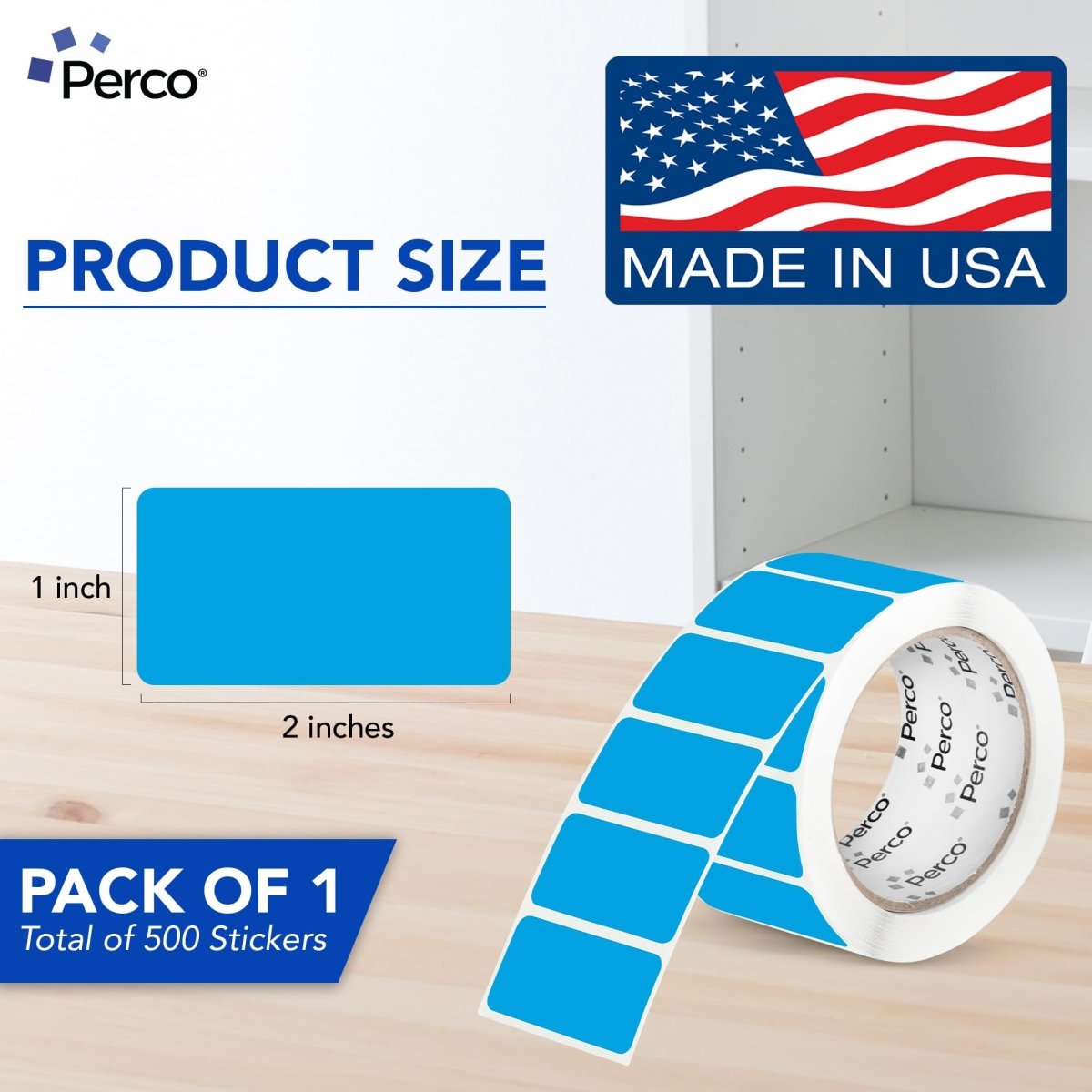 Perco 1x2 Inch Sticker Labels with Easy Peel Perforation—500 Stickers Per Roll — Strong Adhesion, Vibrant Colors for Folders, Barcodes, Jars & Bins in Office, Mailing, Inventory & Crafting—Made in USA - Light Blue