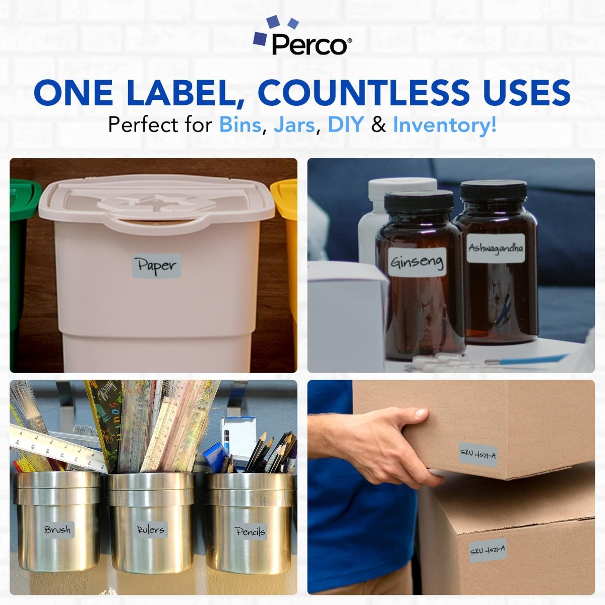 Perco 1x2 Inch Sticker Labels with Easy Peel Perforation—500 Stickers Per Roll — Strong Adhesion, Vibrant Colors for Folders, Barcodes, Jars & Bins in Office, Mailing, Inventory & Crafting—Made in USA - Grey