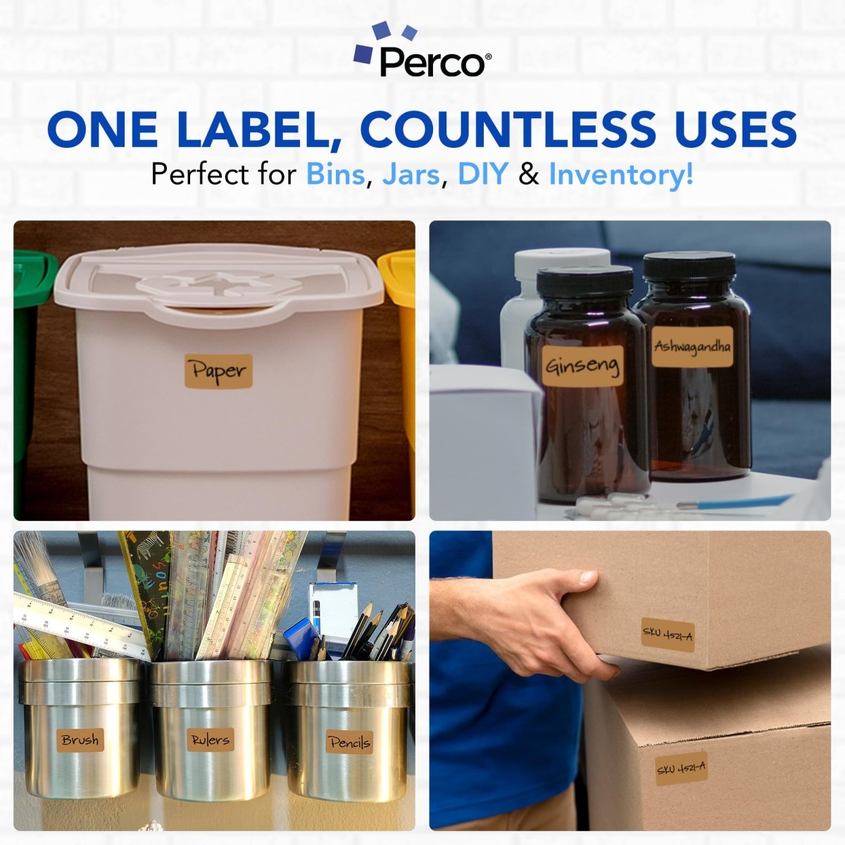 Perco 1x2 Inch Sticker Labels with Easy Peel Perforation—500 Stickers Per Roll — Strong Adhesion, Vibrant Colors for Folders, Barcodes, Jars & Bins in Office, Mailing, Inventory & Crafting—Made in USA - Kraft Brown
