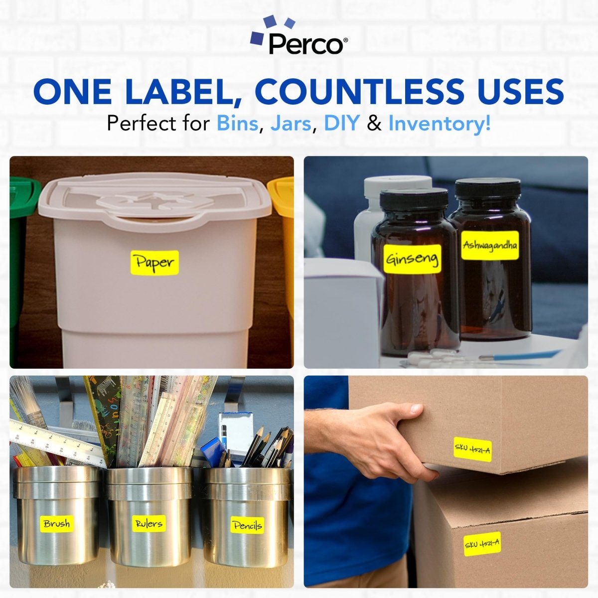Perco 1x2 Inch Sticker Labels with Easy Peel Perforation—500 Stickers Per Roll — Strong Adhesion, Vibrant Colors for Folders, Barcodes, Jars & Bins in Office, Mailing, Inventory & Crafting—Made in USA - Fluorescent Yellow