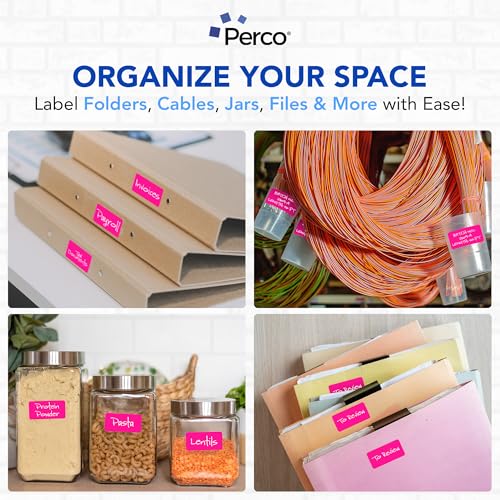 Perco 1x2 Inch Sticker Labels with Easy Peel Perforation—500 Stickers Per Roll — Strong Adhesion, Vibrant Colors for Folders, Barcodes, Jars & Bins in Office, Mailing, Inventory & Crafting—Made in USA - Fluorescent Pink