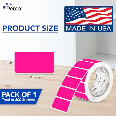 Perco 1x2 Inch Sticker Labels with Easy Peel Perforation—500 Stickers Per Roll — Strong Adhesion, Vibrant Colors for Folders, Barcodes, Jars & Bins in Office, Mailing, Inventory & Crafting—Made in USA - Fluorescent Pink