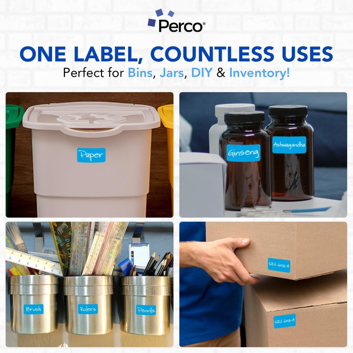 Perco 1x2 Inch Sticker Labels with Easy Peel Perforation—500 Stickers Per Roll — Strong Adhesion, Vibrant Colors for Folders, Barcodes, Jars & Bins in Office, Mailing, Inventory & Crafting—Made in USA - Light Blue