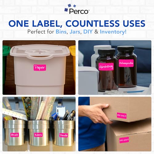 Perco 1x2 Inch Sticker Labels with Easy Peel Perforation—500 Stickers Per Roll — Strong Adhesion, Vibrant Colors for Folders, Barcodes, Jars & Bins in Office, Mailing, Inventory & Crafting—Made in USA - Fluorescent Pink